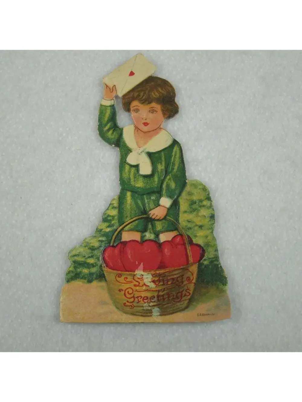 Vintage Valentine Die Cut Stand Up Boy Sailor Suit Heart Basket 1920-30s Germany